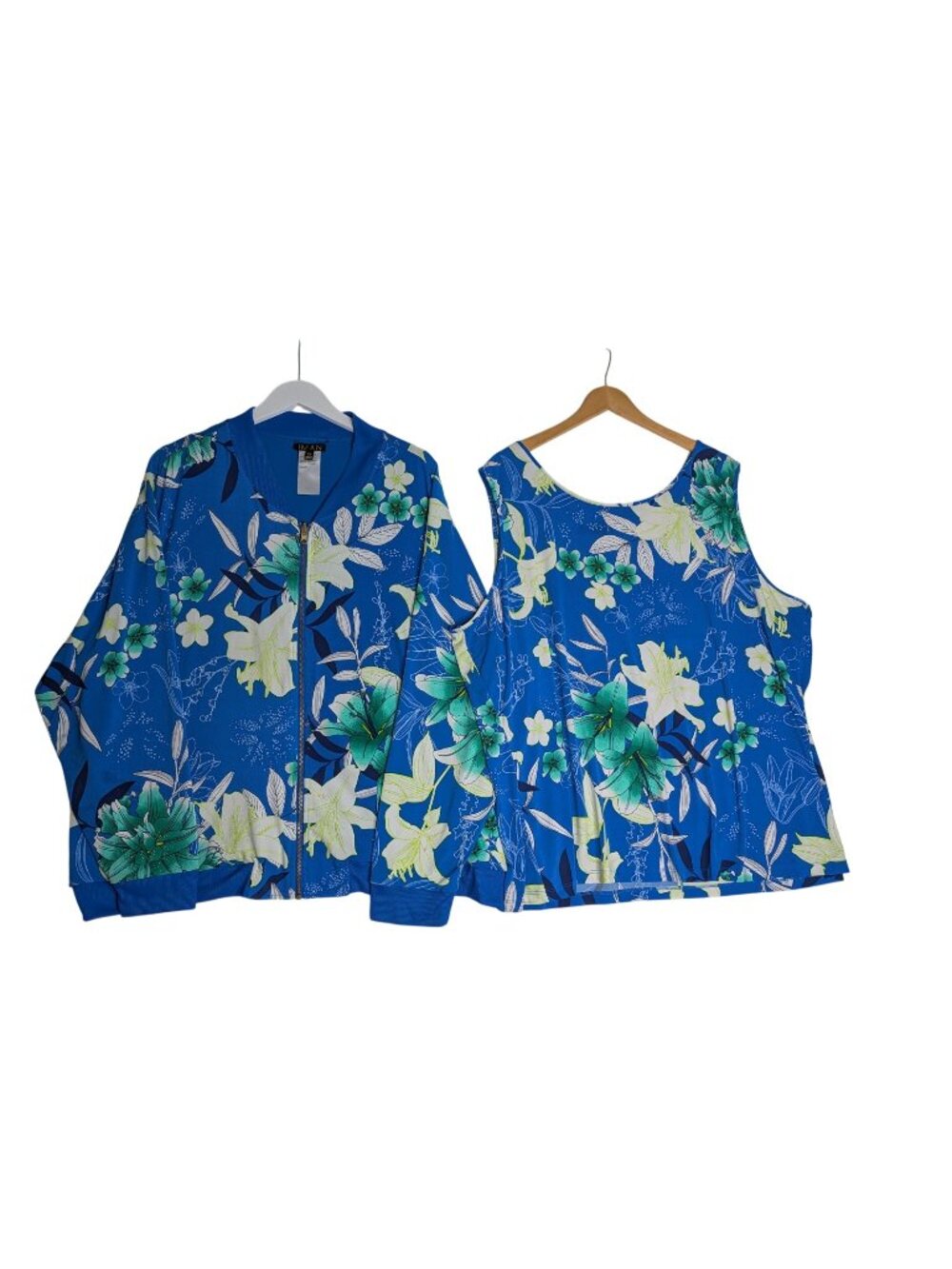 IMAN Womens Blue & Green Floral Bomber Jacket & Matching Tank Top Set Size 3X St